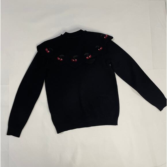 Fraze Black Cape Detailed Shoulder Sweater Cherries Tie Vintage Inspired Size 12 - Picture 5 of 16